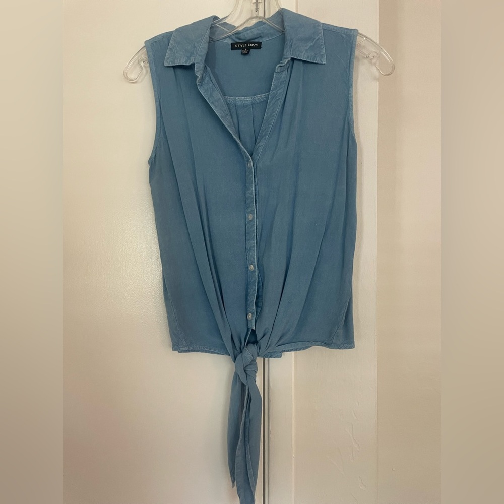 Denim button up tied shirt
